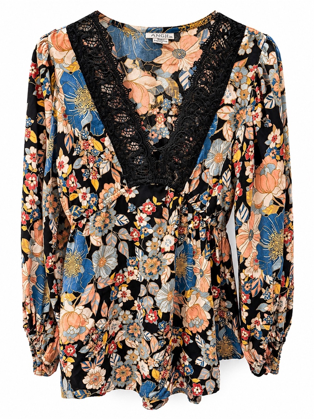 ANGIE Boho Floral Lace Trim Tunic Blouse Size Large Boho Romantic